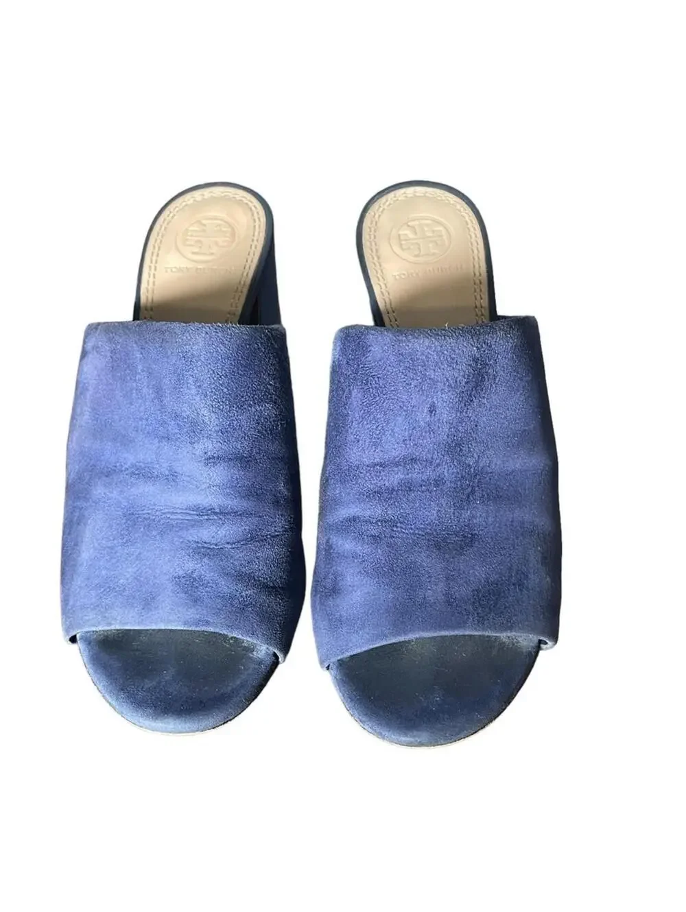 Tory Burch Salinas Navy Blue Suede Block Heel Mules 6.5